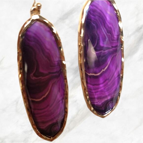 PURPLE Agate Look Oval Large Earrings with Gold Tone Hardware NEW - Picture 5 of 9
